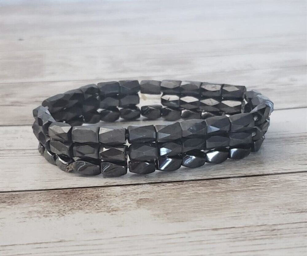 Magnetic Bracelet Dark Gray Metallic - 3 Row Beaded Stretch Bracelet